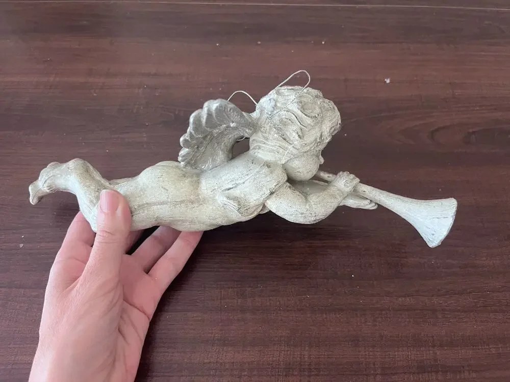 Vintage Angel Cherub Ornament Playing Horn Large Resin